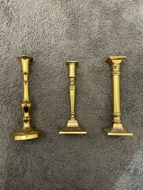 Set of 3 Brass Tone Candlestick Holders